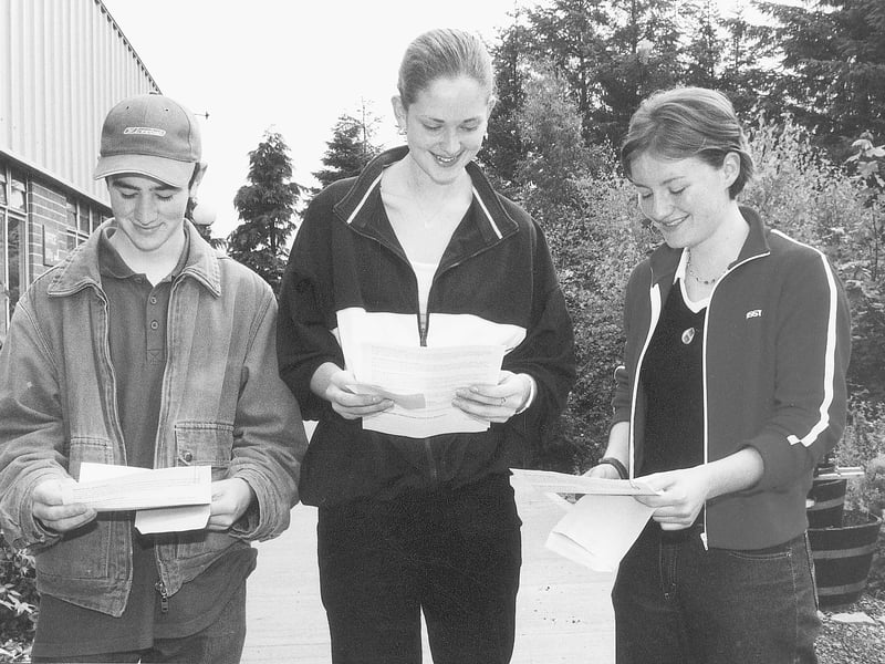 Caption: Examining their Leaving Cert results at Moyne Community School were David Brady, Noeleen Kiernan and Edel Harrington