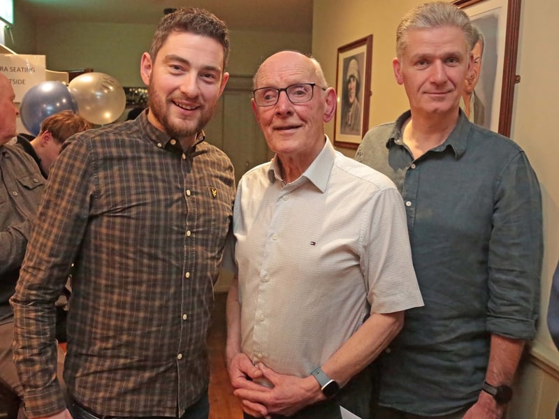 Caption: There was a great atmosphere in John V Donohoe's, Granard on Saturday night as St Mary's and Longford GAA legend Jody Sheridan celebrated his 80th birthday party with friends and family. Jody is pictured with Mark Molloy and Gerry Canavan. Picture: Shelley Corcoran