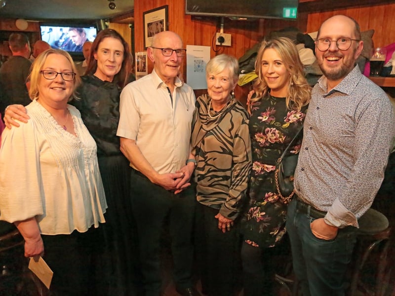 Caption: There was a great atmosphere in John V Donohoe's, Granard on Saturday night as a St Mary's and Longford GAA legend Jody Sheridan celebrated his 80th birthday party with friends and family. Pictured are Glenda, Orla, birthday boy Jody, Catherine, Aoife and Jody Jnr Sheridan Picture: Shelley Corcoran