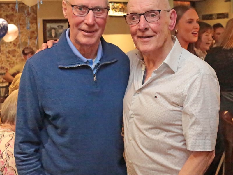 Caption: Two Longford GAA legends: Jackie Devine with Jody Sheridan, who celebrated his 80th birthday last Saturday night with a big party in John V's Picture: Shelley Corcoran
