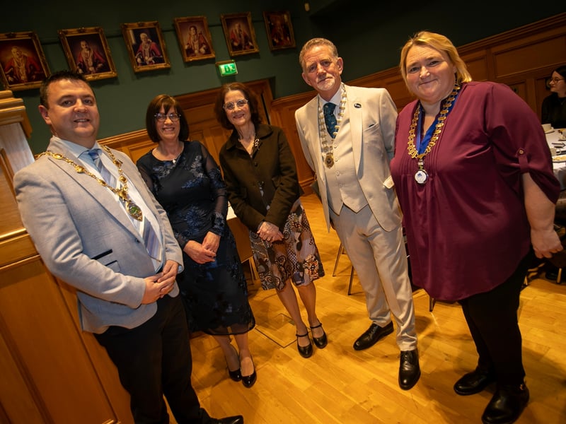 Derry Credit Union retirees, Joan Gallagher, CEO and Mary Crumley, Education and Training Officer, pictured with the Mayor, Ruairi McHugh at Tuesday evening's reception in their honour at the Guildhall. On right are Brendan Jenkins, President, Irish League of Credit Unions and Delma Boggs, President, Derry Credit Union.