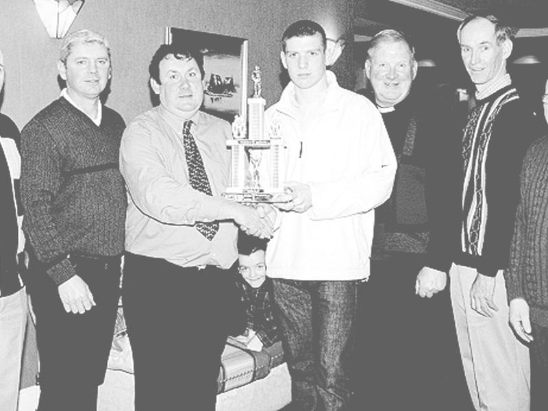 Use the Next > above or below to go through the gallery Caption: 2001: Jimmy Lennon Minor Board chairman presenting Tony Murphy, captain of the Ardagh/Moydow team with the U-16 league trophy. Picture includes Pete Keenan, Tony Murphy, Fr George Balfe, Jack Kavanagh and Alfie Dowd
