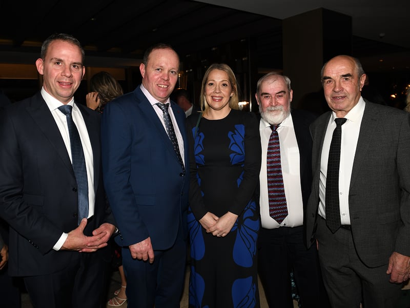 Caption: Mark Cunningham (Ballinamuck), Cllr Paraic Brady and Longford County Council Director of Services Samantha Healy, Aidan McManus (Drumlish) and Tommy Campbell (Drumlish) at the 67th Longford Association in London dinner dance in the Clayton Hotel, Chiswick last Saturday night, February 4.Picture: Malcolm McNally Photography