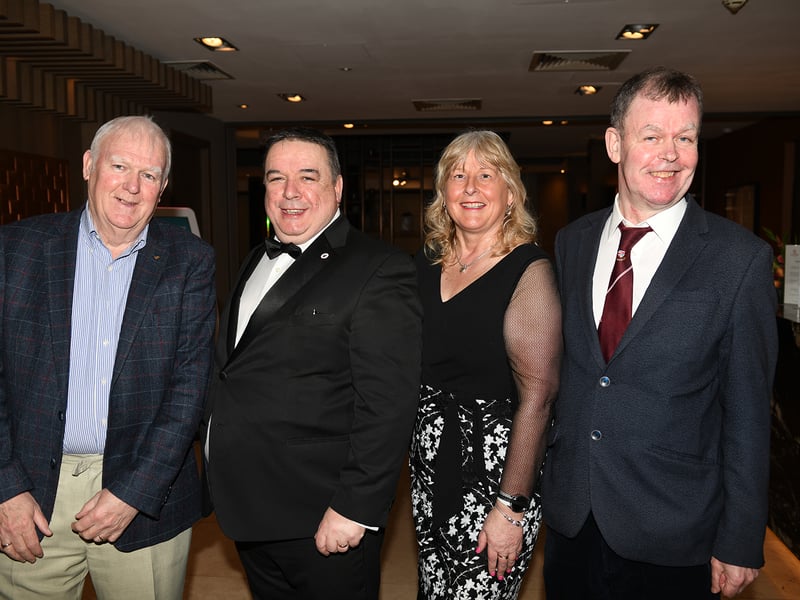 Caption: Tom Monaghan, Longford Association in London President Aiden Ganly (Lanesboro), Lucia Butler from the Wexford Association in London and Barney Carolan (Colmcille) at the 68th annual Longford Association London dinner and dance in  the Clayton Hotel Chiswick in West London on Saturday, February 3 Picture: Malcom McNally Photography 