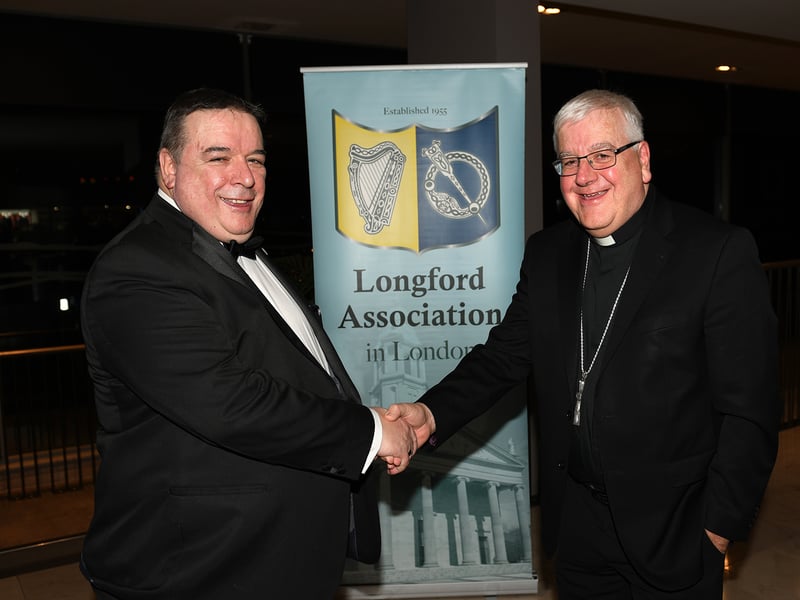 Caption: Longford Association in London President Aiden Ganly (Lanesboro) is pictured welcoming the Bishop of Ardagh and Clonmacnois Bishop Paul Connell to the 68th annual Longford Association London dinner and dance in  the Clayton Hotel Chiswick in West London on Saturday, February 3 Picture: Malcom McNally Photography 