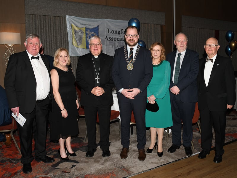 Caption: Longford Association in London Chairperson Danny Keogh and his wife Helen (Killoe), Bishop of Ardagh and Clonmacnois Bishop Paul Connell, Cathaoirleach of Longford County Council Cllr Colm Murray, Frances and Sean Connolly from the Embassy of Ireland and Longford Association London Treasurer Michael McCann (Newtownforbes) at the 68th annual Longford Association London dinner and dance in  the Clayton Hotel Chiswick in West London on Saturday, February 3 Picture: Malcom McNally Photography