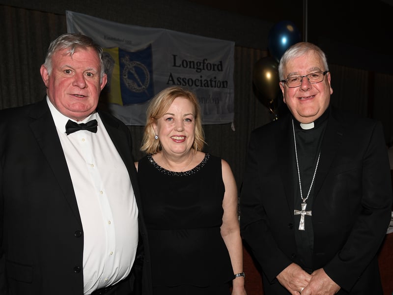 Caption: Longford Association in London Chairperson Danny Keogh and his wife Helen (Killoe) and the Bishop of Ardagh and Clonmacnois Bishop Paul Connell at the 68th annual Longford Association London dinner and dance in  the Clayton Hotel Chiswick in West London on Saturday, February 3 Picture: Malcom McNally Photography