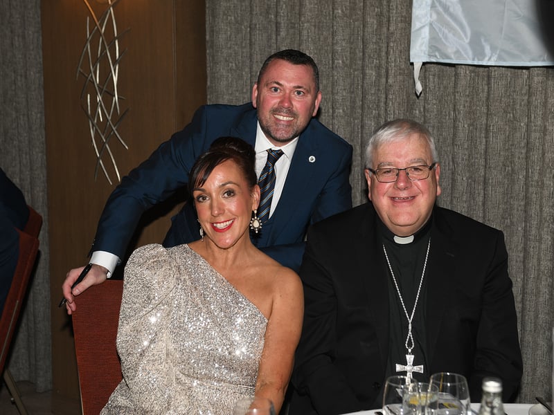 Caption: Niamh Donlon, Longford Association in London Vice Chairperson Ciaran McGann (Kenagh) and the Bishop of Ardagh and Clonmacnois Paul Connell. at the 68th annual Longford Association London dinner and dance in  the Clayton Hotel Chiswick in West London on Saturday, February 3 Picture: Malcom McNally Photography