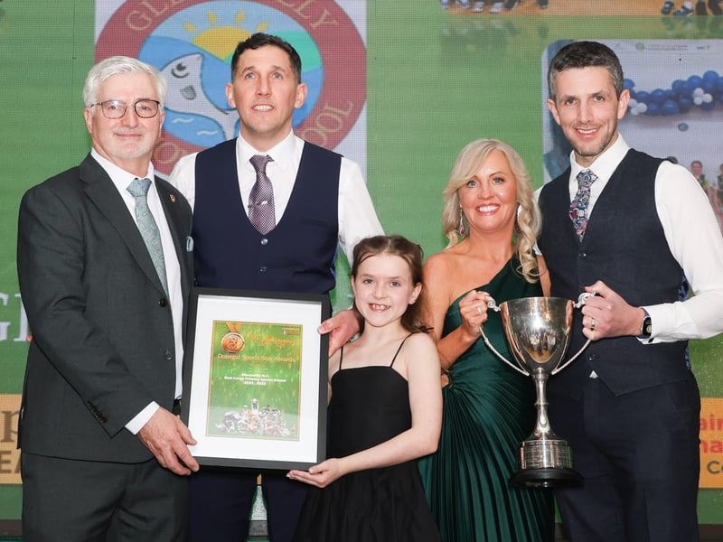 PRIMARY SCHOOL (LARGE >100) The winner of the 2025 Large Primary School Award is Glenswilly N.S. Glenswilly is a very active school and has always promoted and encouraged as many students as possible to participate in a range of sporting events. Last year, Glenswilly won their first ever Division 1 Cumann na mBunscol GAA boys title which was a wonderful achievement. Rounders is a new sport at the school and teachers undertook training to help make it sustainable. They also received Hurling equipment from the local club to strengthen the sport in the school. In addition Glenswilly NS has improved their 200m running track and added a long jump facility. Their pupil Jack Dowds was the overall County GAA skills winner. The children complete the daily K-a-Day at 2pm. The 5th and 6th Class pupils engaged in basketball development sessions delivered in-school by the sport’s Northwest Development Officer