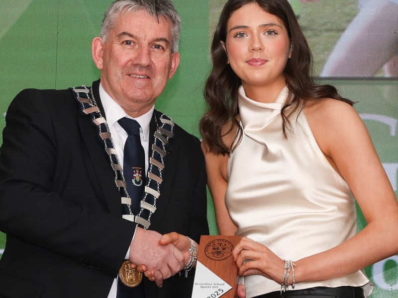 SECONDARY SCHOOL SPORTS GIRL The winner of the Secondary School Sports Girl Award is Kyra Gavigan, St. Columba’s College, Stranorlar This is Kyra’s first Donegal Sports Star Award. Kyra represented her school with distinction in soccer at under-15, under-17, and senior level. Her consistently high performances earned her selection for the Ulster Schools Inter-Provincial trials, where she went on to play in all three matches at the tournament. Kyra’s performances at this level were further recognised with selection on the Ireland Schools team, where she competed against Northern Ireland, Scotland, England, and Wales. In GAA, Kyra lined out at under-15 and under-17 level, playing a key role as the under-17 team claimed Ulster honours in their division. She also represented her school in basketball at under-15 and under-17 level, once again proving herself a valuable and dependable team member. Kyra has shown versatility, commitment, and success across soccer, Gaelic football, and basketball.