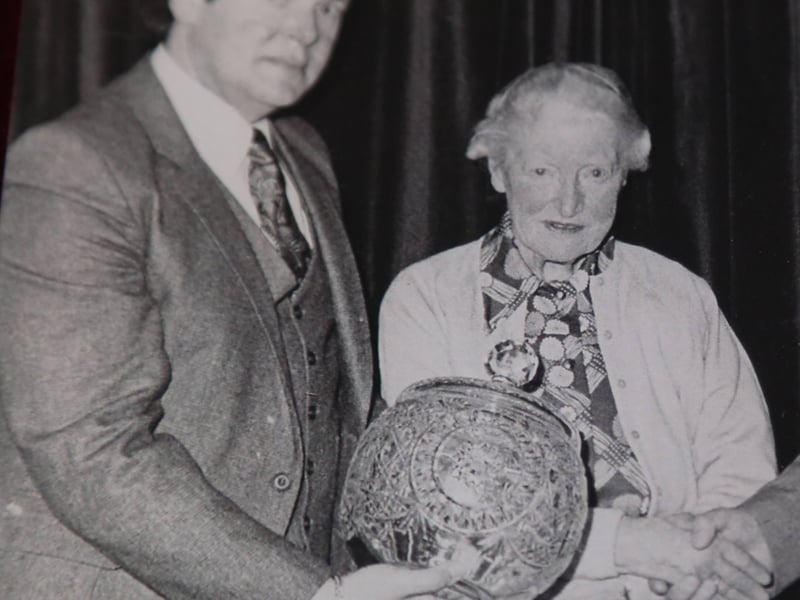 Caption: Dr Victorine May Yorke-Pettit (1899 - 1987), Keon's Terrace, Longford town was the first recipient of the Longford Person of the Year award (1980) and she is pictured with Derek Cobbe, then editor of the Longford News