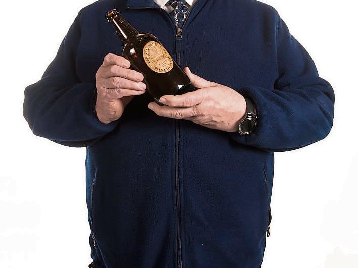 Caption: April 2018: Derek Cobbe holding his ‘Ryan’s Daughter Stout Bottle’ which featured on the RTE programme ‘National Treasures’
