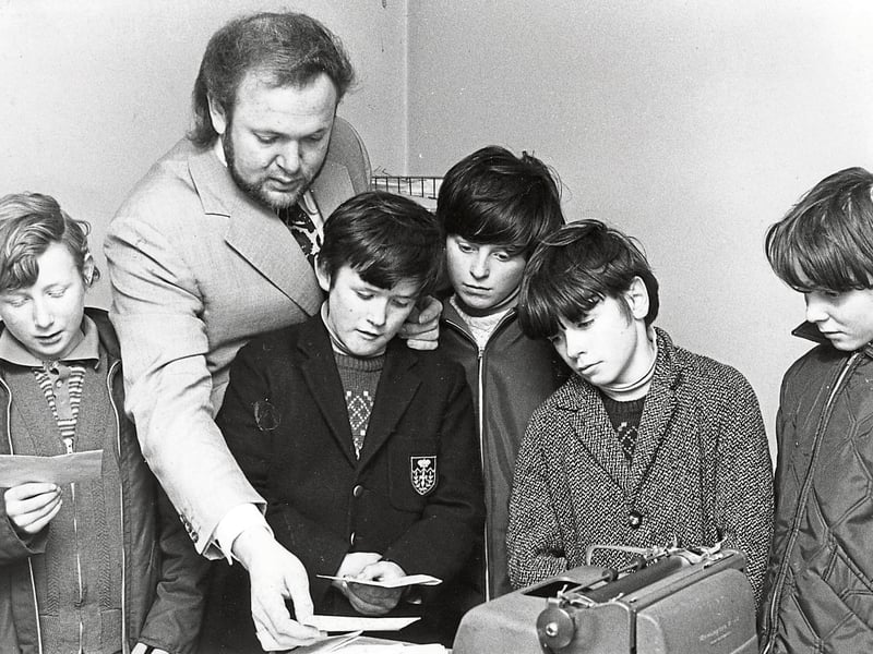 Caption: Uncle Larry, (aka Derek Cobbe) of The Longford Leader, sifting through the mail from Uncle Larry's page in the Leader office on the Market Square. Photo includes left to right: Peter McKenna, Derek Cobbe, Padraic O'Brien, Michael Shanley, Tom O'Brien and Farrell Harrison