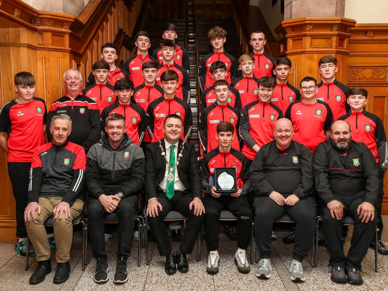The Mayor of Derry and Strabane, Councillor Ruairi McHugh with players, management and family members at the reception. Included is Councillor Emma McGinley.