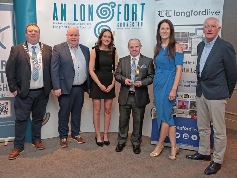 CAPTION: Longford Leader Managing Editor Alan Walsh, Longford County Council Leas Cathaoirleach Cllr Niall Gannon, Longford Leader Media Specialist Jess McCaul (on behalf of sponsor Pat the Baker), Sports Ability Award winner Seán Keenan, Longford Sports Partnership Coordinator Sarah Mulligan and Longford Sports Partnership Chairperson Tony Headon Picture: Shelley Corcoran