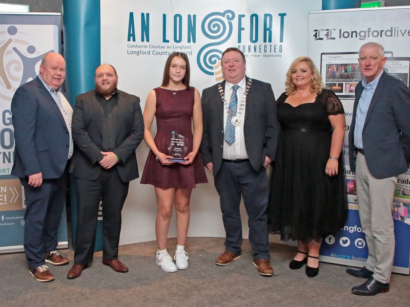 CAPTION: Longford Leader Managing Editor Alan Walsh, Samuel Byrne (sponsor Longford Centre), Evelyn Murray (Equestrian award winner), Cllr Niall Gannon, Tess Gillen and Tony Headon Picture: Shelley Corcoran