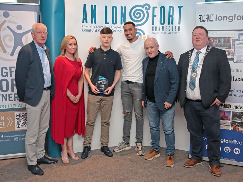 CAPTION: Longford Sports Partnership Chairperson Tony Headon, Longford Sports Partnership Administrator Aisling Lee, John Nevin (Boxing award winner), Sam (sponsor Snap Fitness), Longford Leader Sports Editor Padraic O'Brien and Longford County Council Leas Cathaoirleach Cllr Niall Gannon Picture: Shelley Corcoran