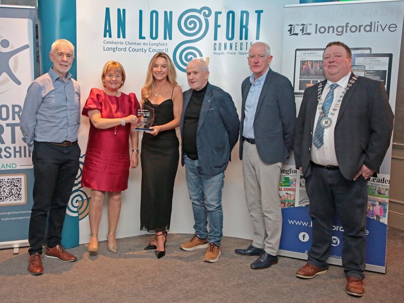 CAPTION: Longford County Council Community Development Senior Executive Officer Ciaran Murphy, Longford Leader Advertising Executive Audrey Moorhead (on behalf of sponsor Hanlon’s Applegreen & Gala), Orla Nevin (Ladies Football award winner), Longford Leader Sports Editor Padraic O'Brien, Longford Sports Partnership Chairperson Tony Headon and Longford County Council Leas Cathaoirleach Cllr Niall Gannon Picture: Shelley Corcoran