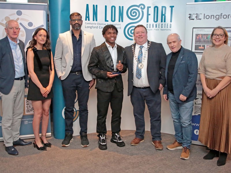 CAPTION: Longford Sports Partnership Chairperson Tony Headon, Longford Leader Media Specialist Jess McCaul, Dinal Swaris (sponsor Supermac’s), Goodness Ogbonna (Soccer award winner), Longford County Council Leas Cathaoirleach Cllr Niall Gannon, Longford Leader Sports Editor Padraic O’Brien and Longford County Council Director of Services Samantha Healy Picture: Shelley Corcoran