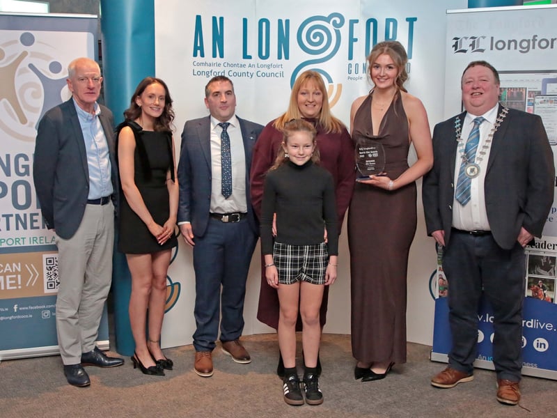 CAPTION: Longford Sports Partnership Chairperson Tony Headon, Longford Leader Media Specialist Jess McCaul, Longford Sports Partnership Outdoor Recreation Officer Mark Noble, Pauline and Michaela Marlow (sponsor Rapid Print), Mia Rowan (Rugby award winner) and Longford County Council Leas Cathaoirleach Cllr Niall Gannon Picture: Shelley Corcoran