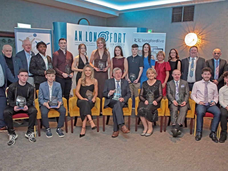 CAPTION: At the Longford Leader Sports Awards 2025, in association with Longford Sports Partnership, were front row l to r; Joe Shannon (Snooker), Andrew Fitzpatrick (Athletics), Orla Nevin (Ladies Football), Liam Fenelon (Hall of Fame), Rheda Quinn (Club Volunteer of the Year), Seán Keenan (Sports Ability Award), Micheál Mulcahy (GAA Hurling) and Fionn McCormack Crowe (Soccer). Back; Longford Leader Managing Editor Alan Walsh, Longford Leader Sports Editor Padraic O'Brien, Longford Sports Partnership Chairperson Tony Headon, Goodness Ogbonna (Soccer), Ronan Keogh (captain Killoe senior footballers, Team of the Year), Robin Óg Murphy (Junior Sportsperson of the Year), Mia Rowan (Rugby), Evelyn Murray (Equestrian), John Nevin (Boxing), Longford Sports Partnership Coordinator Sarah Mulligan, Longford Leader Advertising Executive Audrey Moorhead, Longford Leader Media Specialist Jess McCaul, Longford County Council Leas Cathaoirleach Cllr Niall Gannon, Longford Sports Partnership Programme Manager Donal Mulligan and Longford Leader Regional Sales Director Dessie Connolly Picture: Shelley Corcoran