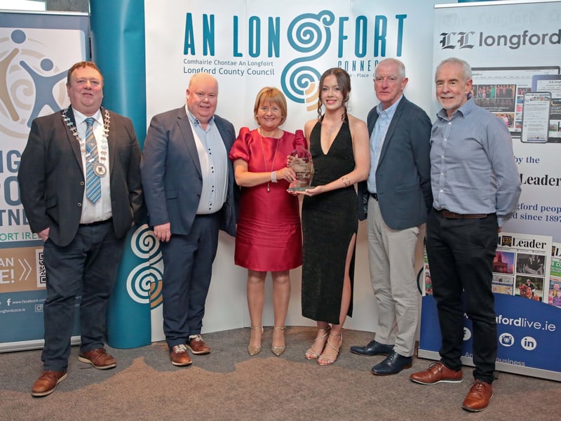 CAPTION: Longford County Council Leas Cathaoirleach Cllr Niall Gannon, Longford Leader Managing Editor Alan Walsh, Longford Leader Advertising Executive Audrey Moorhead (on behalf of sponsor Pat the Baker), Junior Sportsperson of the Year Robin Óg Murphy (Athletics), Longford Sports Partnership Chairperson Tony Headon and Longford County Council Community Development Senior Executive Officer Ciaran Murphy Picture: Shelley Corcoran