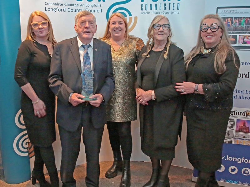CAPTION: Liam Fenelon, who has completed 357 marathons, was inducted into the Hall of Fame at the Longford Leader Sports Awards 2025, in association with Longford Sports Partnership last Friday night in the Longford Arms Hotel and pictured are Michelle, Liam, Sharon, Mary and Fiona Fenelon Picture: Shelley Corcoran