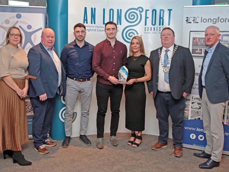 CAPTION: Longford County Council Director of Services Samantha Healy, Longford Leader Managing Editor Alan Walsh, Liam Hughes and Ronan Keogh (Killoe senior footballers, Team of the Year award winners), Niamh Begley (sponsor Begley’s Bar Killoe), Longford County Council Leas Cathaoirleach Cllr Niall Gannon and Longford Sports Partnership Chairperson Tony Headon Picture: Shelley Corcoran