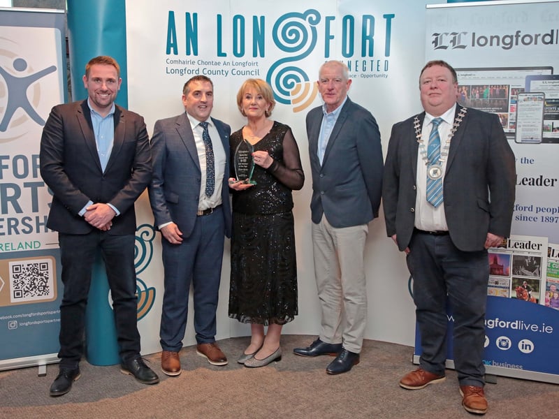 CAPTION: Longford Leader Regional Sales Director Dessie Connolly (on behalf of sponsor Micheál Carrigy TD), Longford Sports Partnership Outdoor Recreation Officer Mark Noble, Club Volunteer of the Year Rheda Quinn of County Longford Golf Club, Longford Sports Partnership Chairperson Tony Headon and Longford County Council Leas Cathaoirleach Cllr Niall GannonPicture: Shelley Corcoran