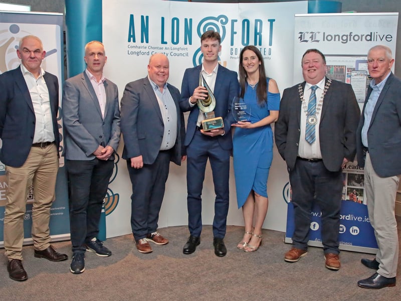 CAPTION: Athlete Cian McPhillips was named as the Overall 2025 Longford Leader Sports of the Year, in association with Longford Sports Partnership, at Friday’s awards ceremony in the Longford Arms Hotel and pictured l to r are Enda Gillen (Longford Sports Partnership), Damien Mulleady (sponsor Longford Precast), Longford Leader Managing Editor Alan Walsh, Cian McPhillips, Longford Sports Partnership Coordinator Sarah Mulligan, Longford County Council Leas Cathaoirleach Cllr Niall Gannon and Longford Sports Partnership Chairperson Tony Headon Picture: Shelley Corcoran