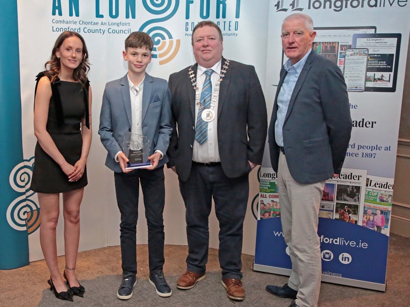 CAPTION: Longford Leader Media Specialist Jess McCaul (on behalf of sponsor Technimark), Andrew Fitzpatrick (Athletics), Cllr Niall Gannon and Tony Headon Picture: Shelley Corcoran