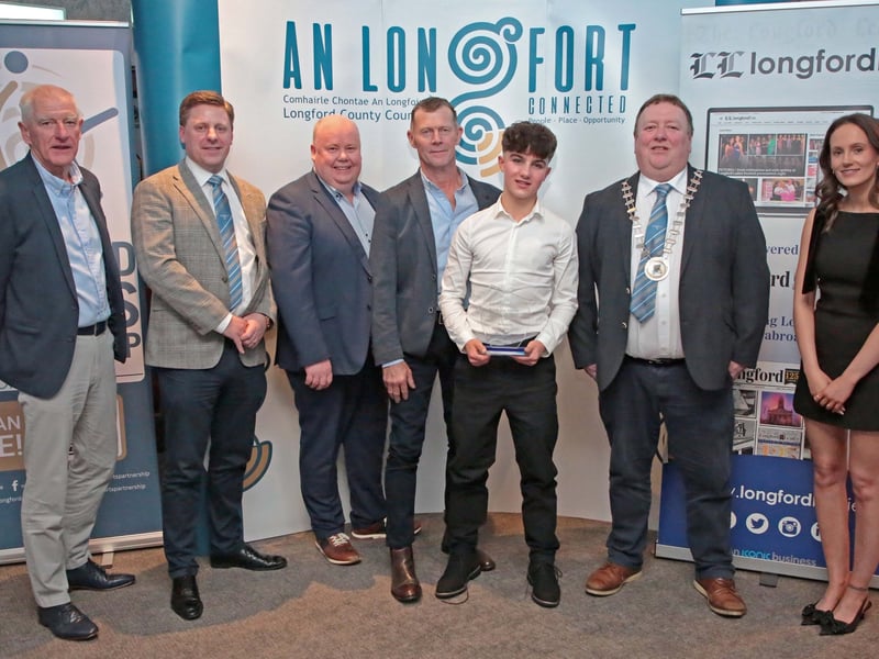 CAPTION: Tony Headon, Cllr David Cassidy, Alan Walsh, Stephen Lyons (sponsor Mulleady Properties) Stephen Lyons, Fionn McCormack Crowe (Soccer award winner), Cllr Niall Gannon and Jess McCaul Picture: Shelley Corcoran