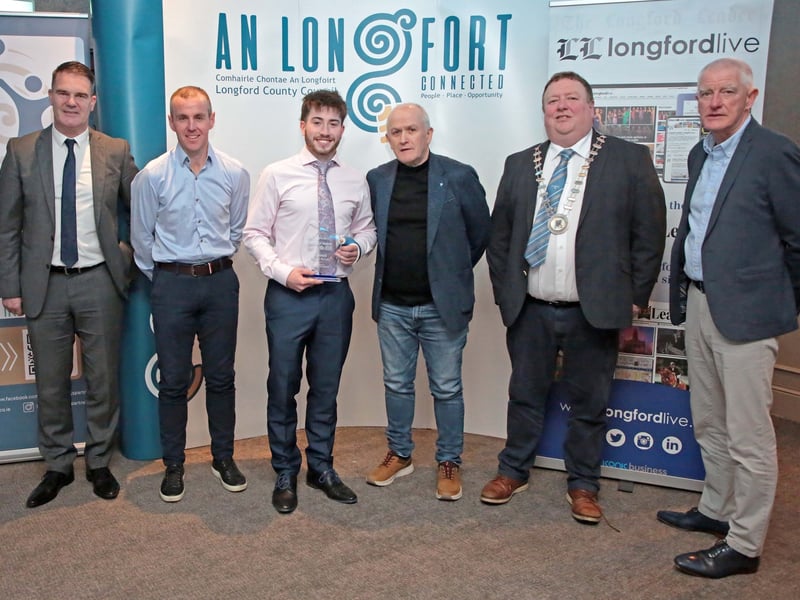 CAPTION: Longford Sports Partnership Physical Activity for Health Officer Stephen McNally, David Hanley (sponsor Peter Hanley Motors), Micheál Mulcahy (GAA Hurling award winner), Padraic O’Brien, Cllr Niall Gannon and Tony Headon Picture: Shelley Corcoran