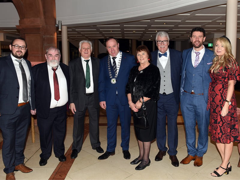 CAPTION: A group from Kenagh and Drumlish at the 66th Longford Association in London annual dinner dance at the Clayton Crown hotel in Cricklewood. Shane English, Aidan McManus, Tommy Kane, Cllr Paraic Brady, Leas Cathaoirleach Longford County Council, Anna Kane, Frank Gill, President of the Longford Association London and Francis and Diane Gill Picture: Malcolm McNally Photography