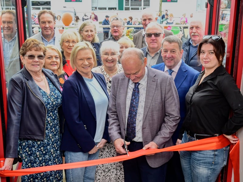 Cutting the ribbon to officially open the Muckalee Community Centre was Ger Comerford. Also in the photo: Declan Rice, Mary Kelly, Maura Tynan, Eileen Dunne, Cathaoirleach Mary Hilda Cavanagh, Kevin Mahon, Cllr. Pat Fitzpatrick, Ger Murphy and Lisa.PICTURE: HARRY REID