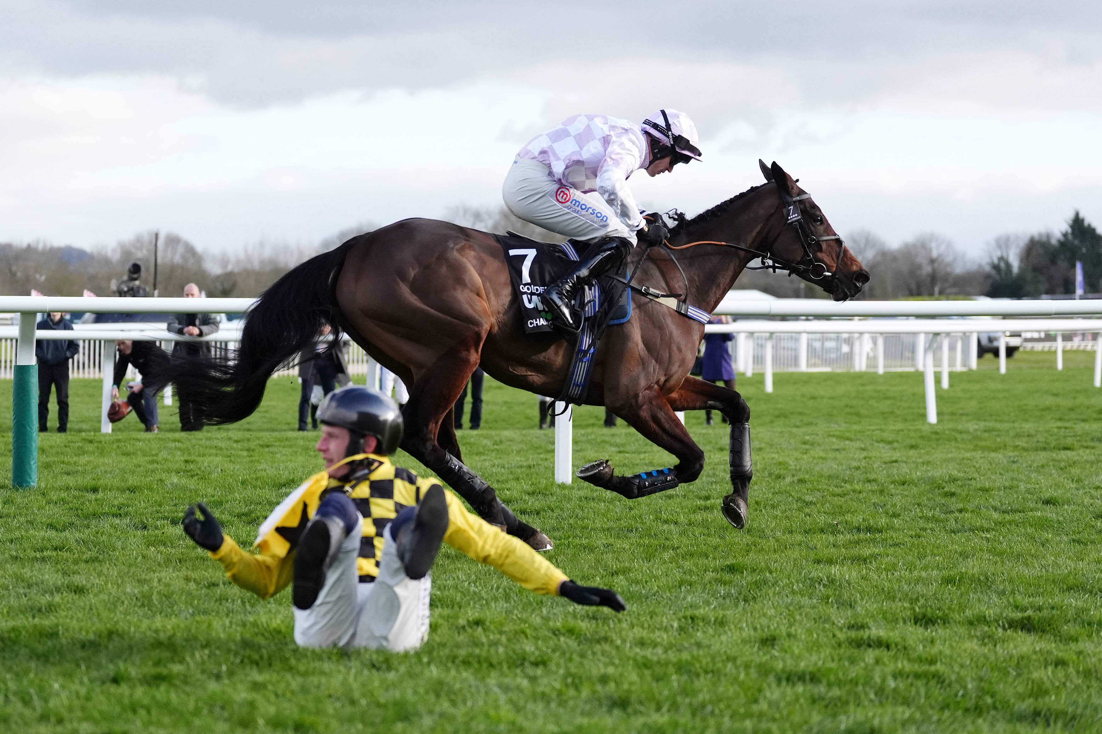 Nico de Boinville walks disconsolately away following the fall of Constitution Hill at Newcastle – unbelievably the horse’s third fall of the year (Nick Robson/PA)