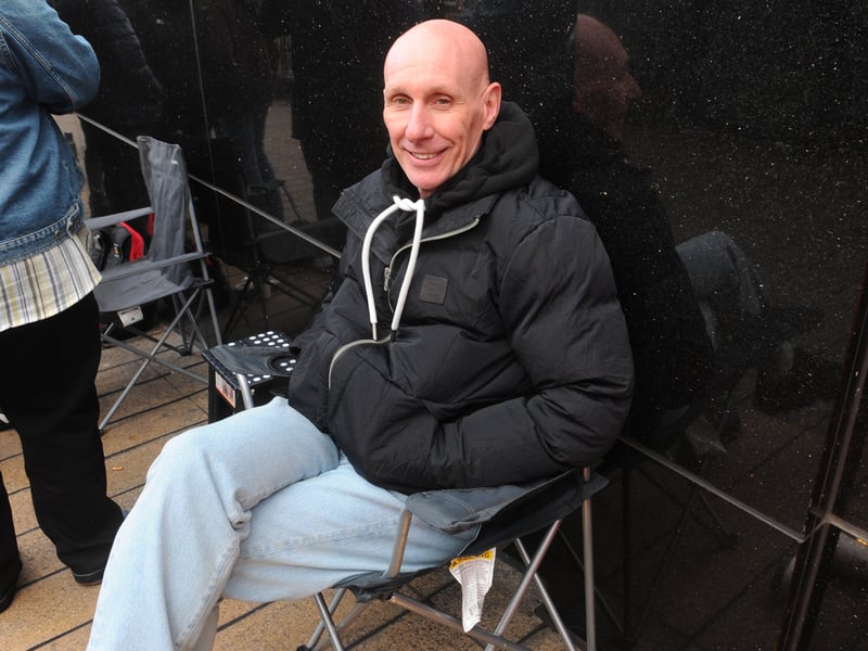 Pete Whitehead of Wrose comfortable in the queue at Jumbo Records on Record Store Day.