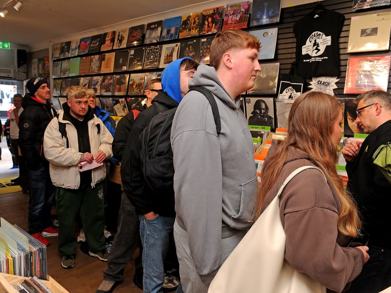 A busy line at Crash Records in The Headrow, Leeds. 