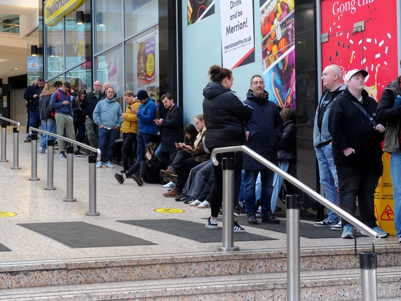 The end of the Record Store Day queue for Jumbo Records in the Merrion Centre, Leeds. 