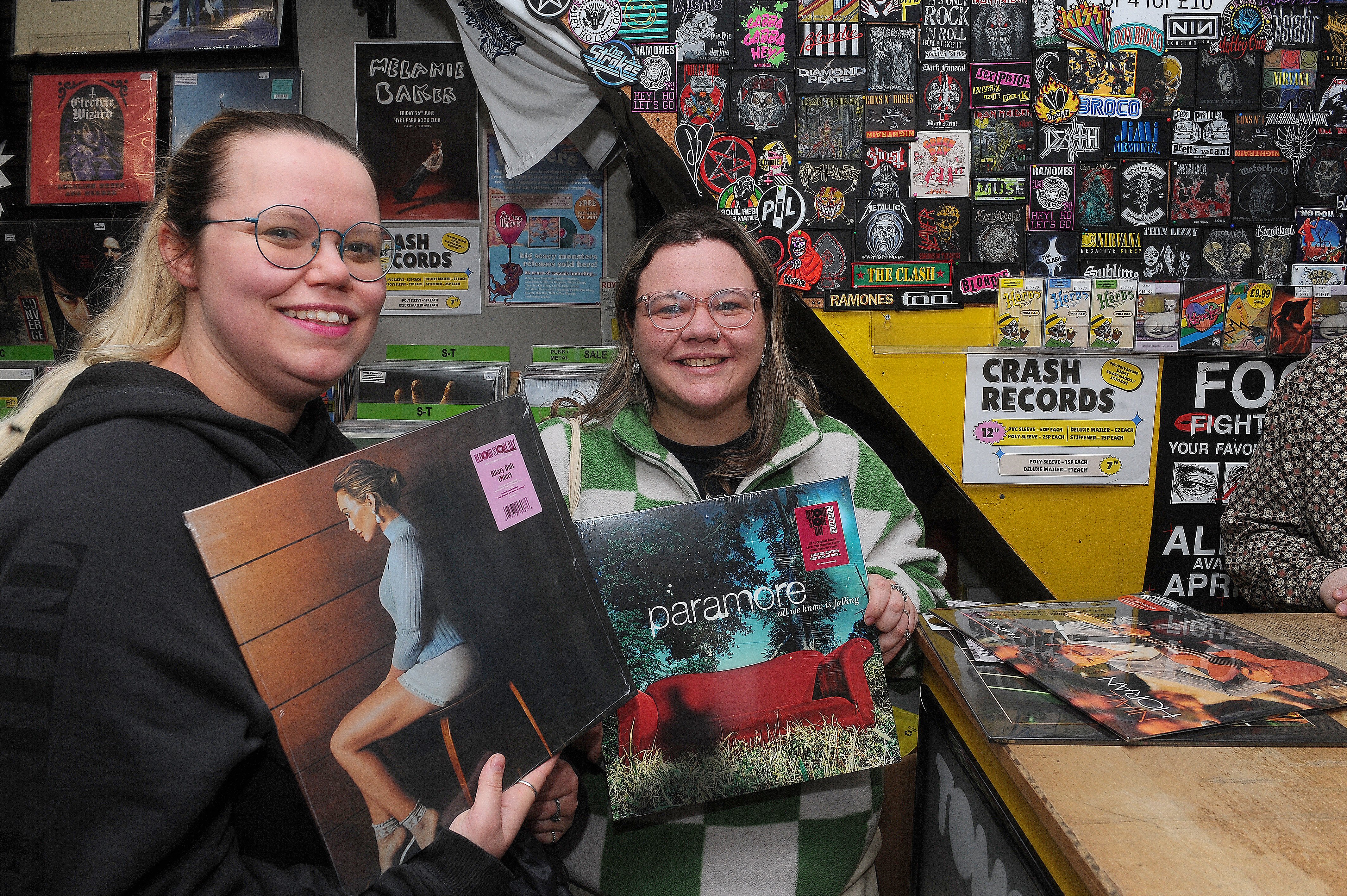 Caitlin Hill and Niamh Kirby of Leeds first in the queue at Crash Records - having arrived at 6.30pm on Friday night