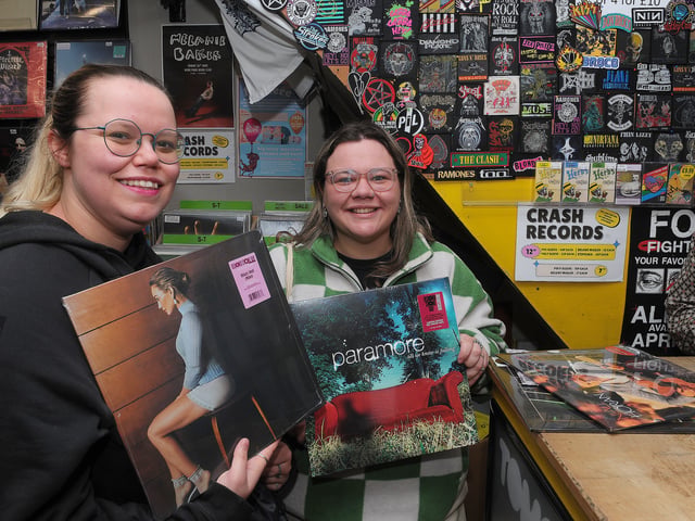 Caitlin Hill and Niamh Kirby of Leeds first in the queue at Crash Records - having arrived at 6.30pm on Friday night