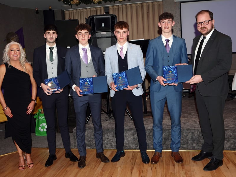CAPTION: Grattan Og Minor Secretary Edel Casey and special guest Colm Murray, the new Longford GAA PRO make a presentation to Grattan Og players Tadhg Tiernan, Conor McHugh, Jack Finegan & Farrell who were members of the Longford Minor squad that won the 2024 Leinster championship