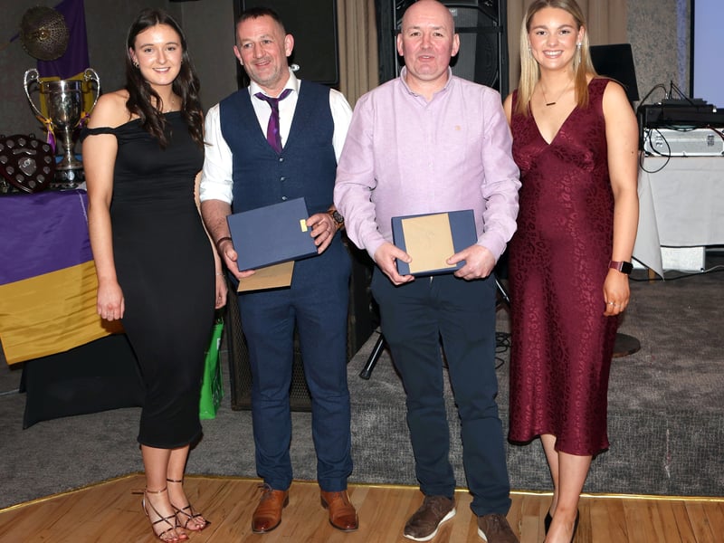 CAPTION: Grattans Ladies senior players Tessa Tiernan & Aoife Sheridan make a presentation to the Ladies management team Stephen McNally and Jimmy Rushe