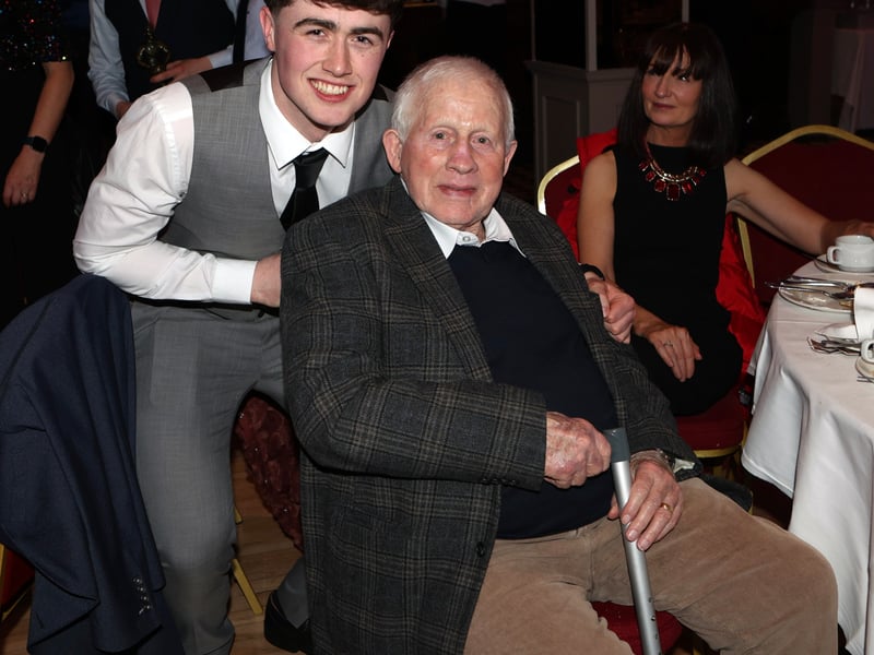 CAPTION: Grattan Og and Grattans Ladies presentation and social night. Grattan Og legend Jim Devine with his Grandson Harry Mulvihill. Harry produced a player of the match winning performance in the 2024 Junior A final including a calmly finished crucial penalty to the net which was the deciding score in the final victory over Longford Slashers. Photo: Syl Healy