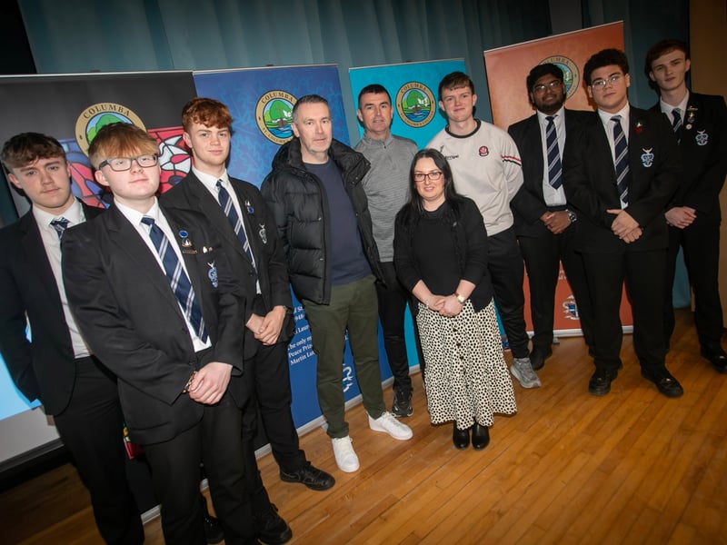 Mrs. Caroline McLaughlin, Principal, St. Columb's College pictured welcoming Oisin McConville, former Armagh GAA star to the school on Wednesday afternoon. Included from left are Mr. Eamonn Burns, Head of PE, Oran O'Kane, GAA Participation Officer, and members of the Senior Prefect Team.