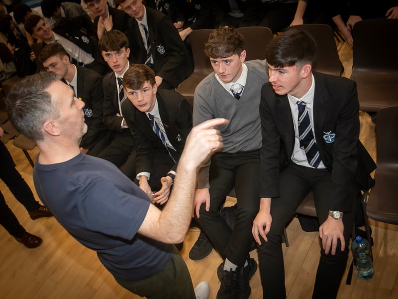 The former GAA All-Star Oisin McConville chatting to Year 14 students on Wednesday.