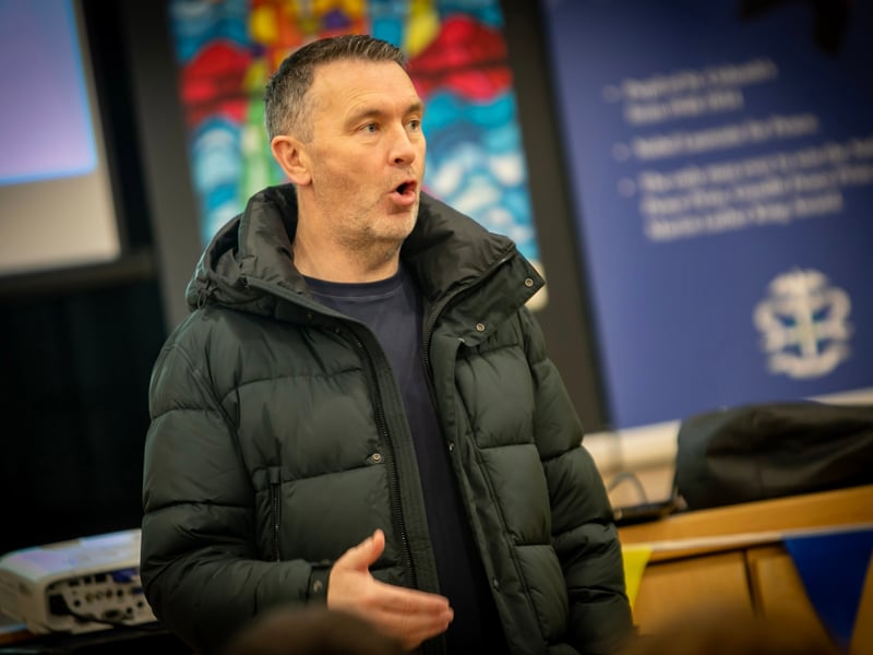 Oisin McConville addressing the attendance at Wednesday's event in St. Columb's College.
