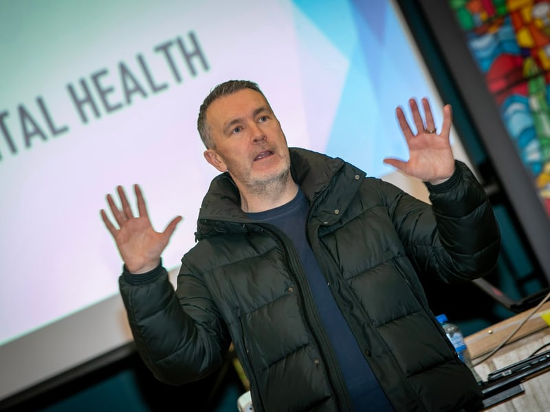 Oisin McConville, former Armagh GAA star addressing students at St. Columb's College on Wednesday afternoon.