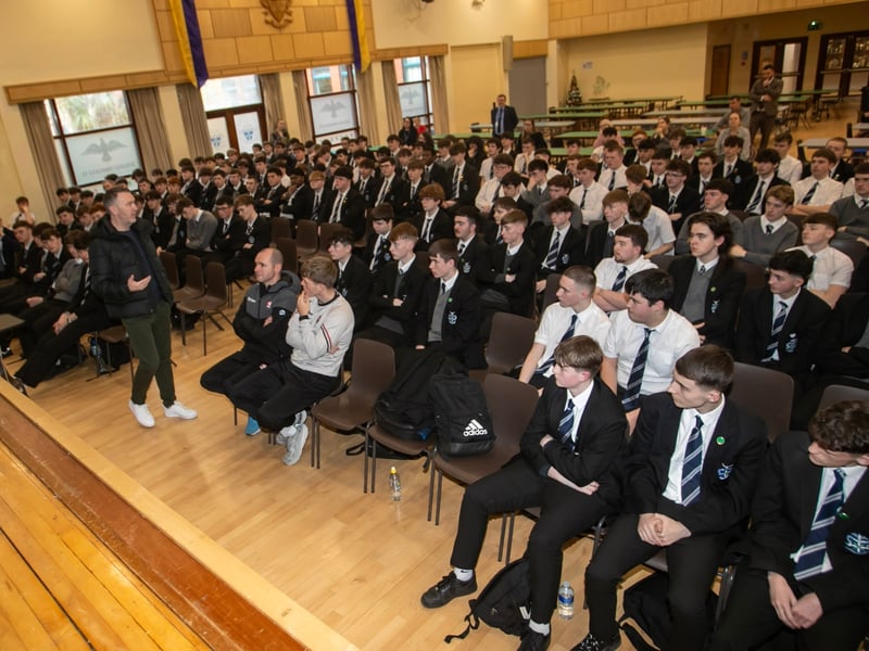 Oisin McConville, former Armagh GAA star addressing students at St. Columb's College.