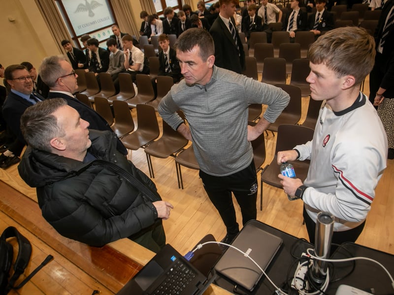 Oisin McConville, former Armagh GAA pictured in conversation with Mr. Eamonn Burns, Head of PE,, and Oran O'Kane, GAA Participation Officer, during Wednesday's visit to St. Columb's College.